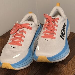 Hoka BONDI 8 Women's White and Blue Running Shoes with Coral Laces- SIZE 8